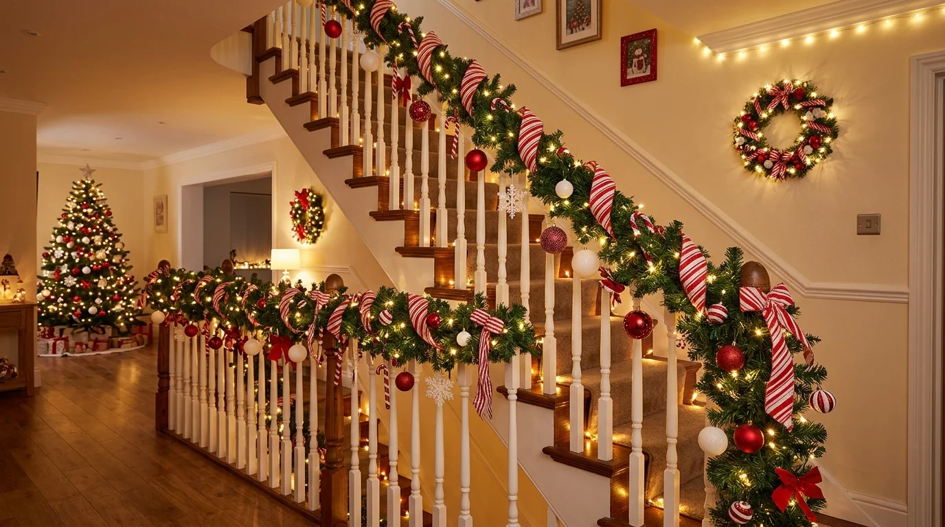 A staircase with a red and white theme featuring candy cane striped ribbons ornaments and lights bright festive lighting cheerful Christmas decor no people