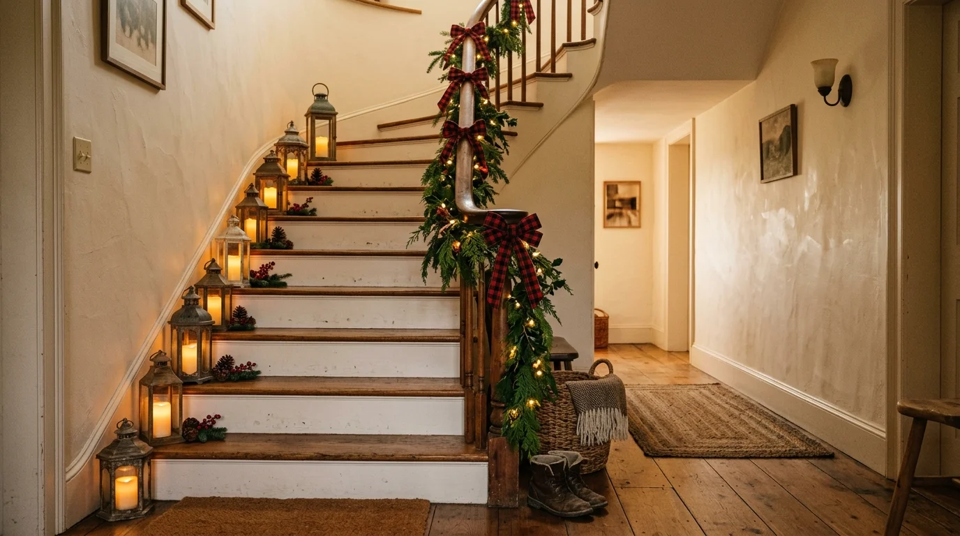 A farmhouse staircase with simple greenery garland plaid ribbon and lanterns placed on steps warm lighting cozy welcoming feel no people