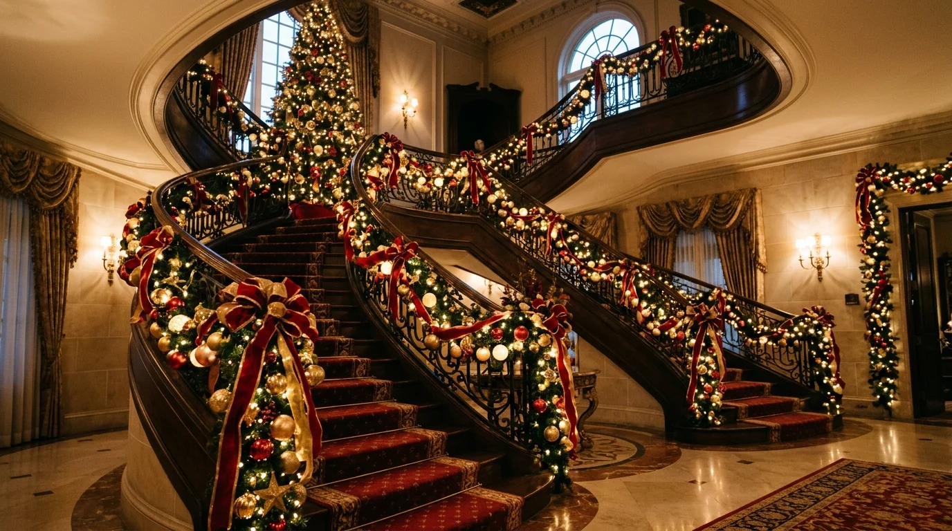A grand staircase with cascading ribbon and evenly spaced ornaments glowing with warm lights soft ambient lighting dramatic holiday display no people