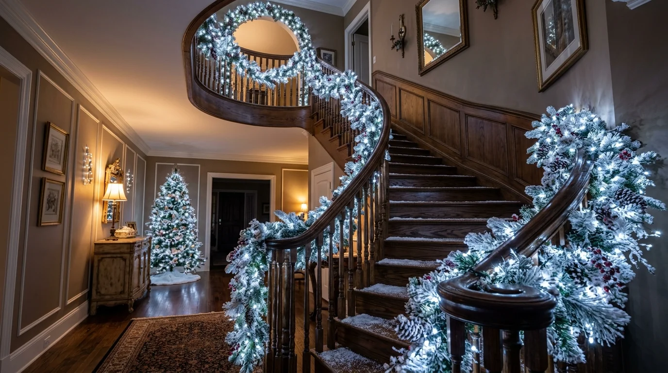 A staircase decorated with faux snow covered garland and cool white lights soft lighting winter wonderland Christmas effect no people