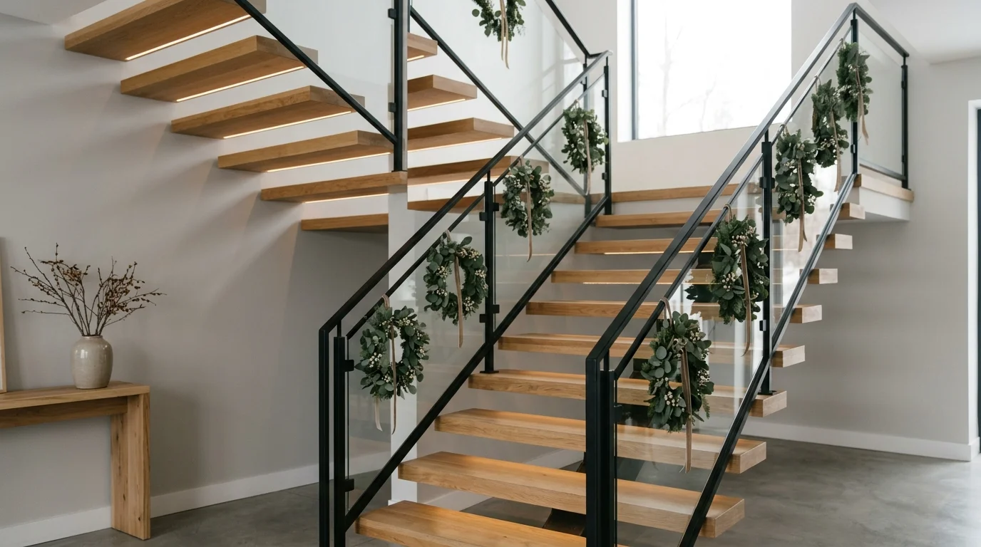 A minimalist staircase with small wreaths attached along the railing and subtle lighting bright soft light elegant understated decor no people