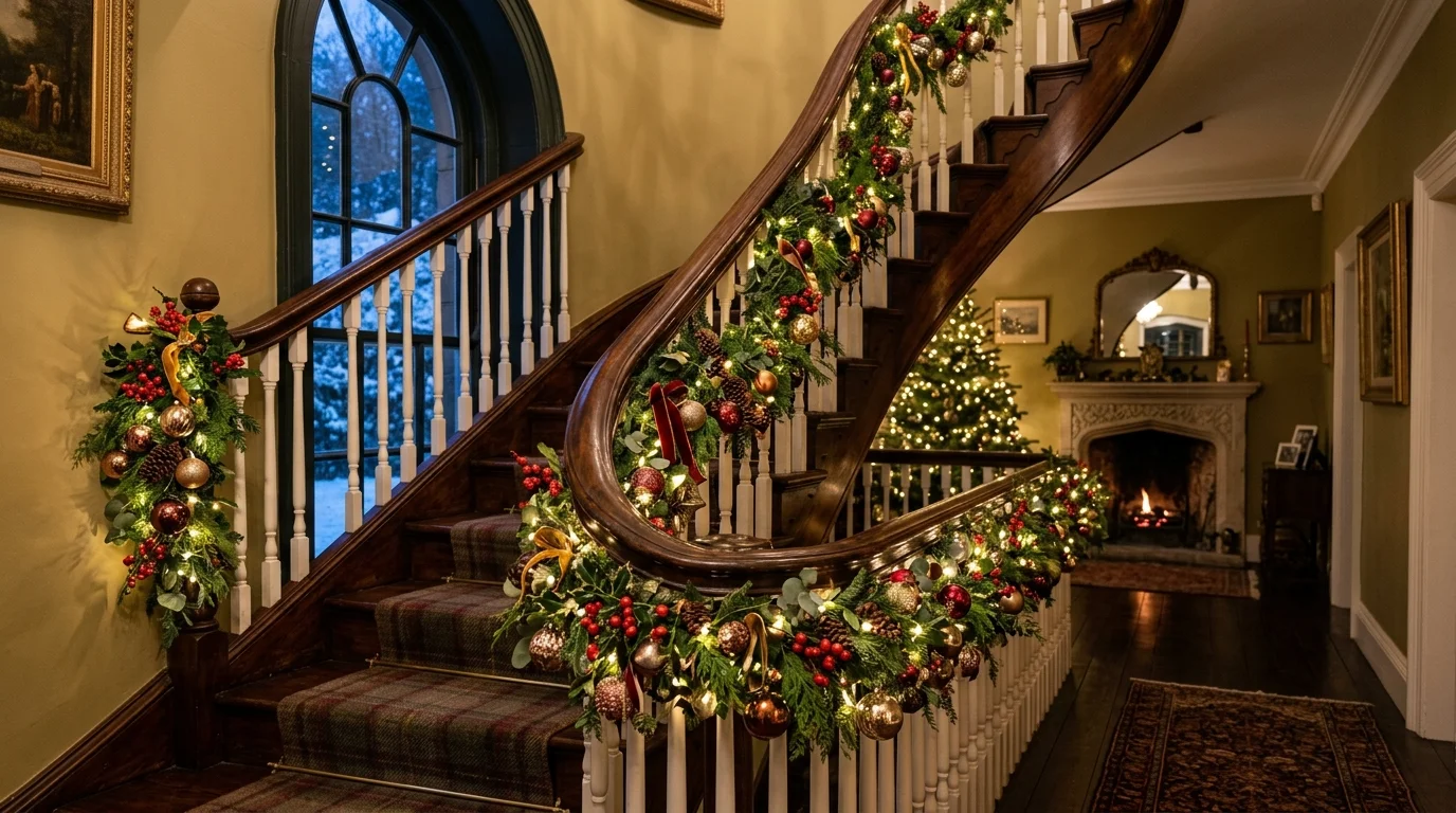 A staircase with a mix of greenery berries and ornaments wrapped tightly along the banister warm lighting rich festive texture no people
