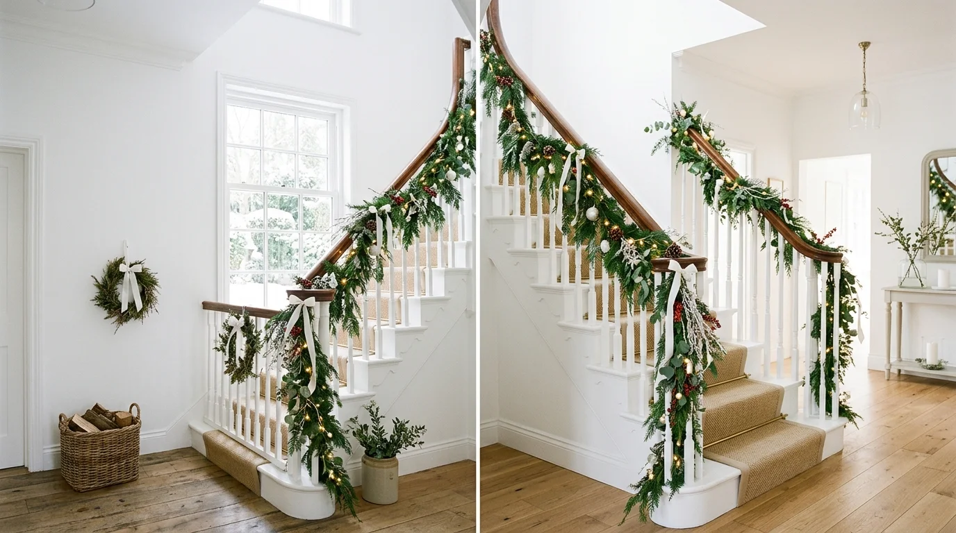 A bright staircase with white decor accented by greenery garlands and soft lights natural daylight fresh airy Christmas style no people