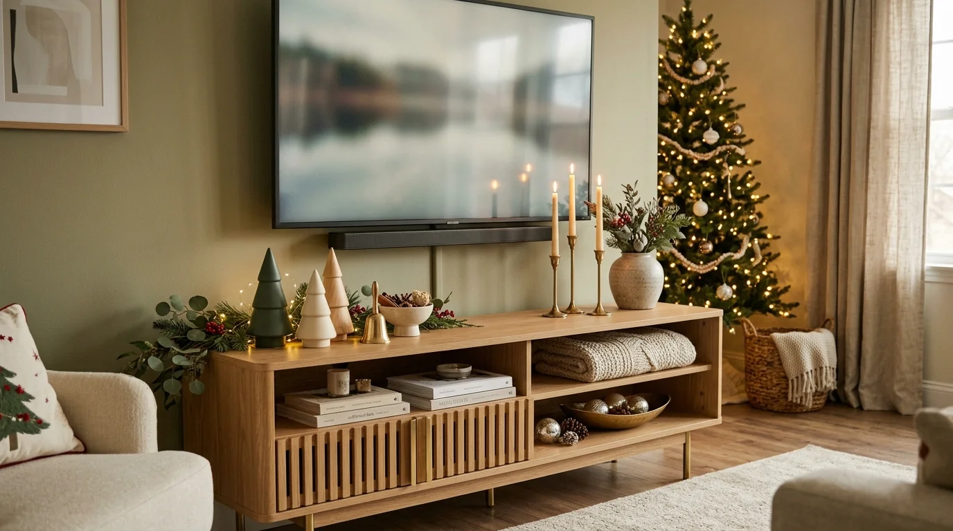 A modern TV console styled with minimal Christmas decor including small trees candles and subtle greenery soft warm lighting elegant holiday look no people