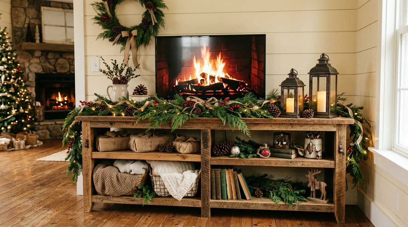 A rustic TV stand with wooden elements decorated with pinecones lanterns and greenery warm ambient lighting cozy farmhouse Christmas vibe no people