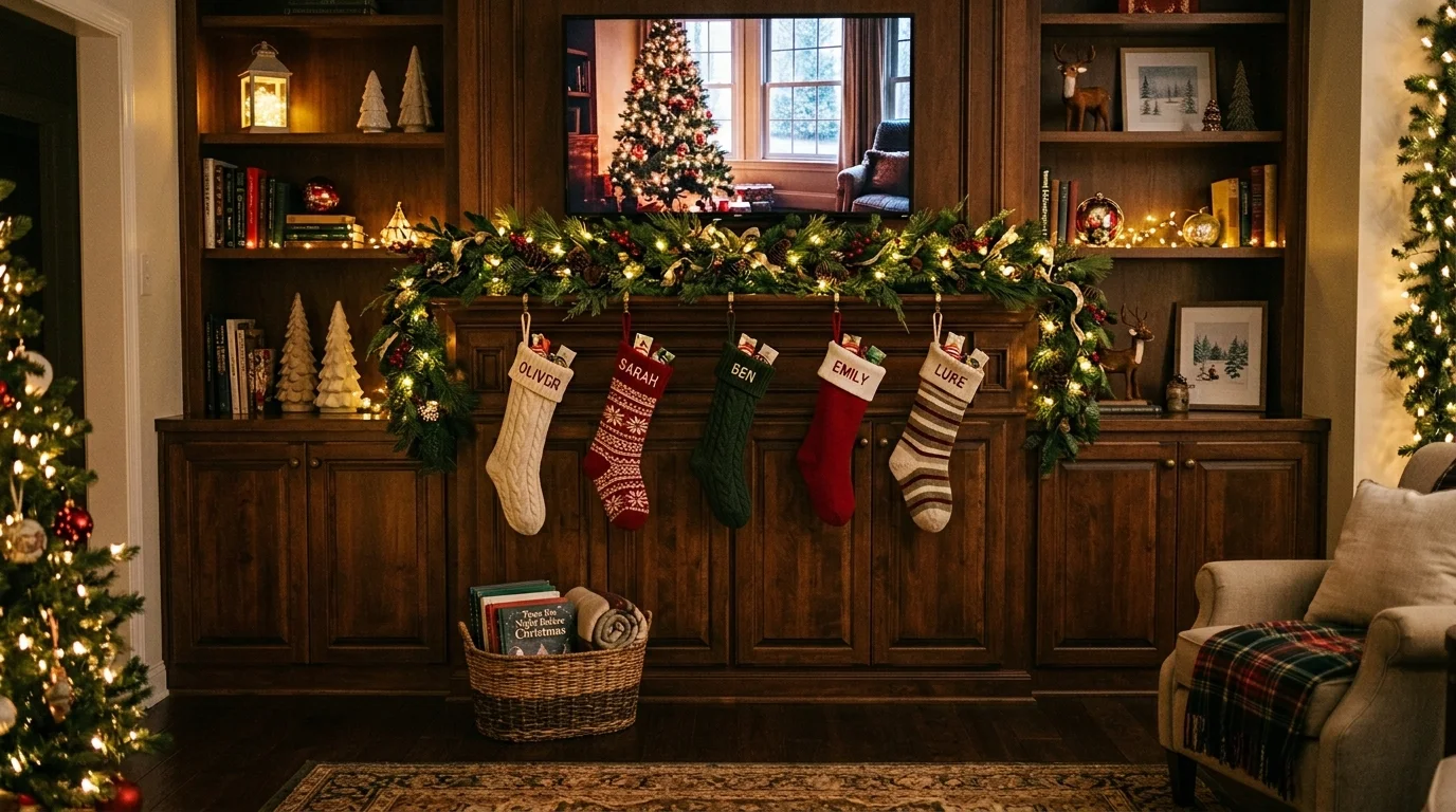 A TV unit with stockings hanging neatly along the front paired with garland and lights soft lighting classic festive decor no people