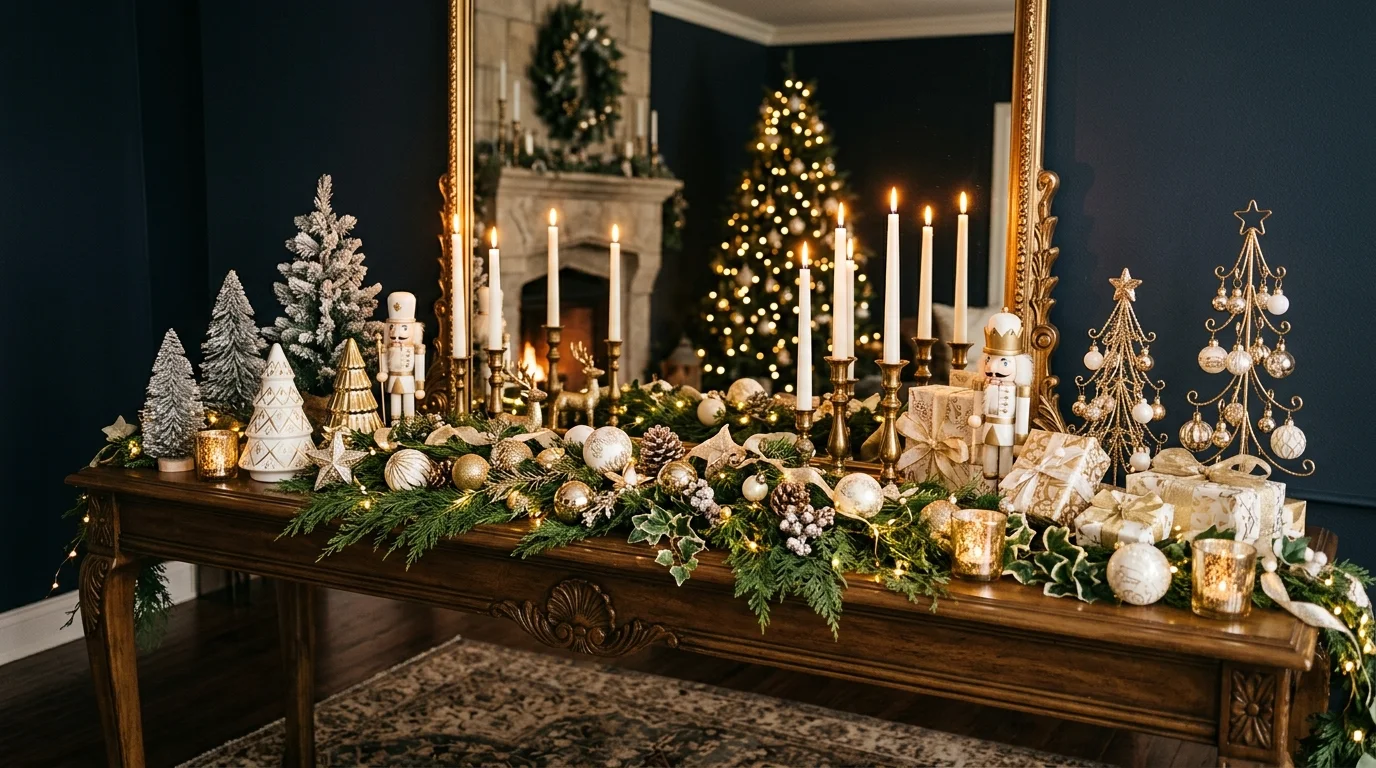 A console decorated with a mix of gold and white ornaments candles and small decorative trees soft warm lighting luxurious Christmas style no people
