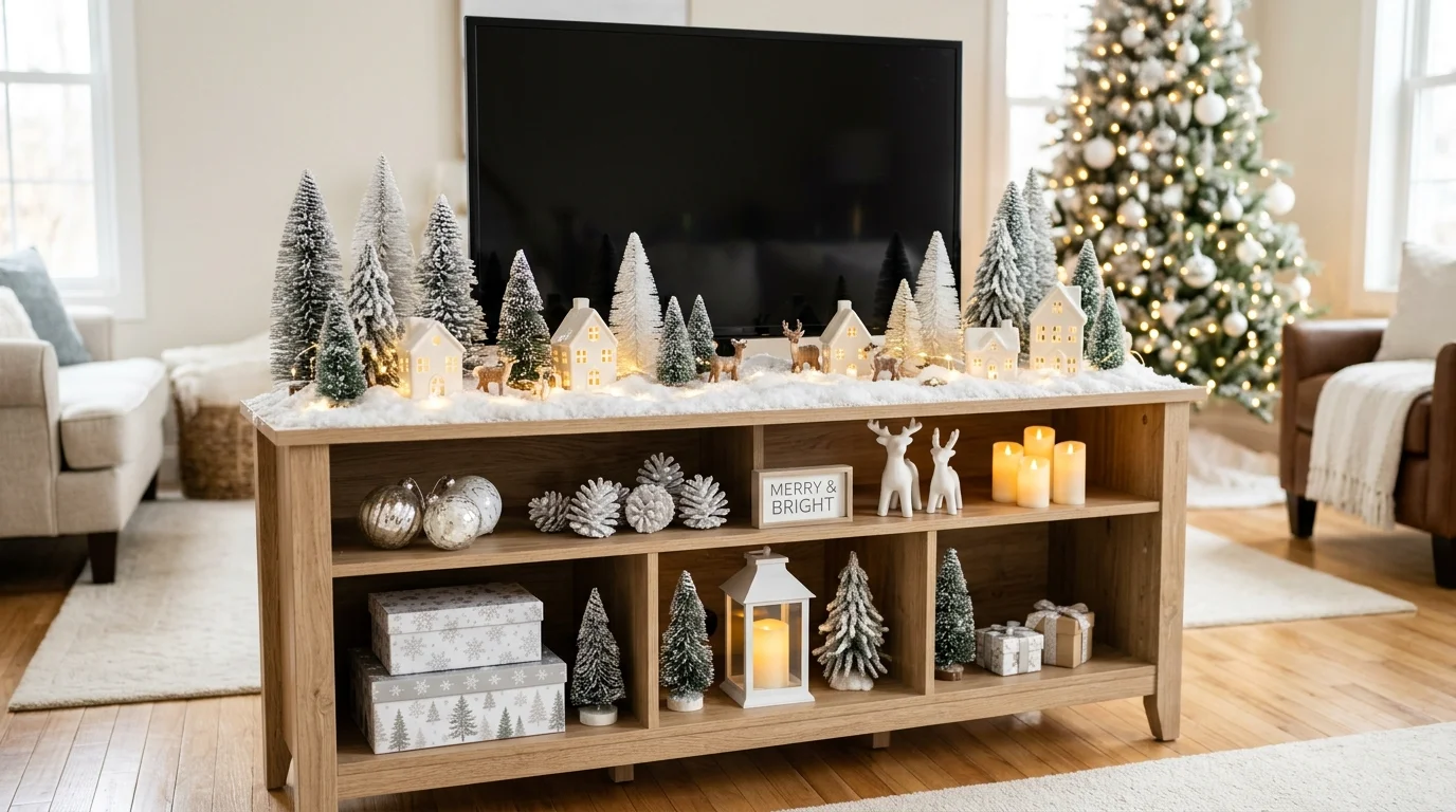 A TV stand with a snowy winter theme including faux snow mini trees and white decor bright soft lighting magical holiday display no people