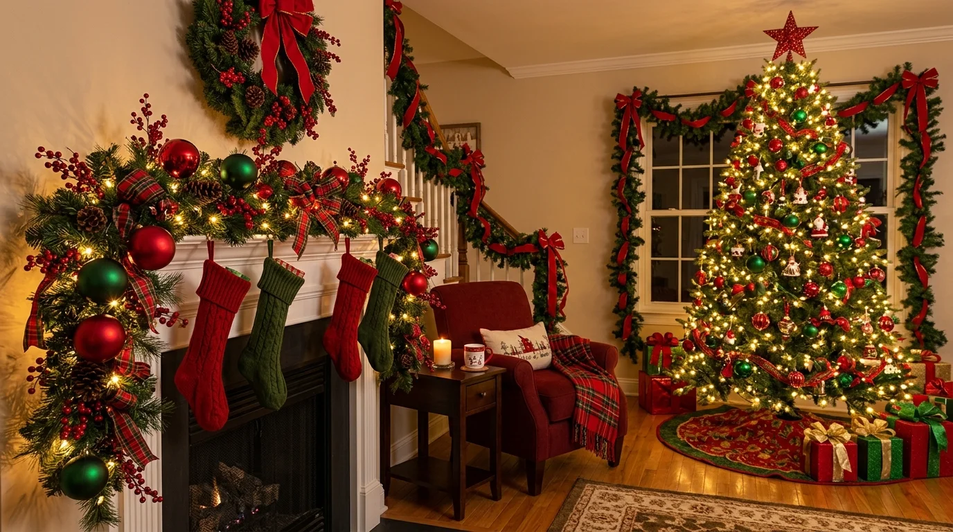 A space with a bold red and green theme featuring ornaments ribbons and garlands warm lighting cheerful festive setup no people