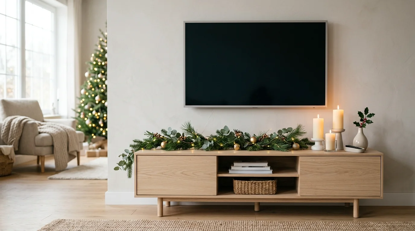 A minimalist TV stand with a single garland and a few candles bright soft lighting clean modern holiday decor no people