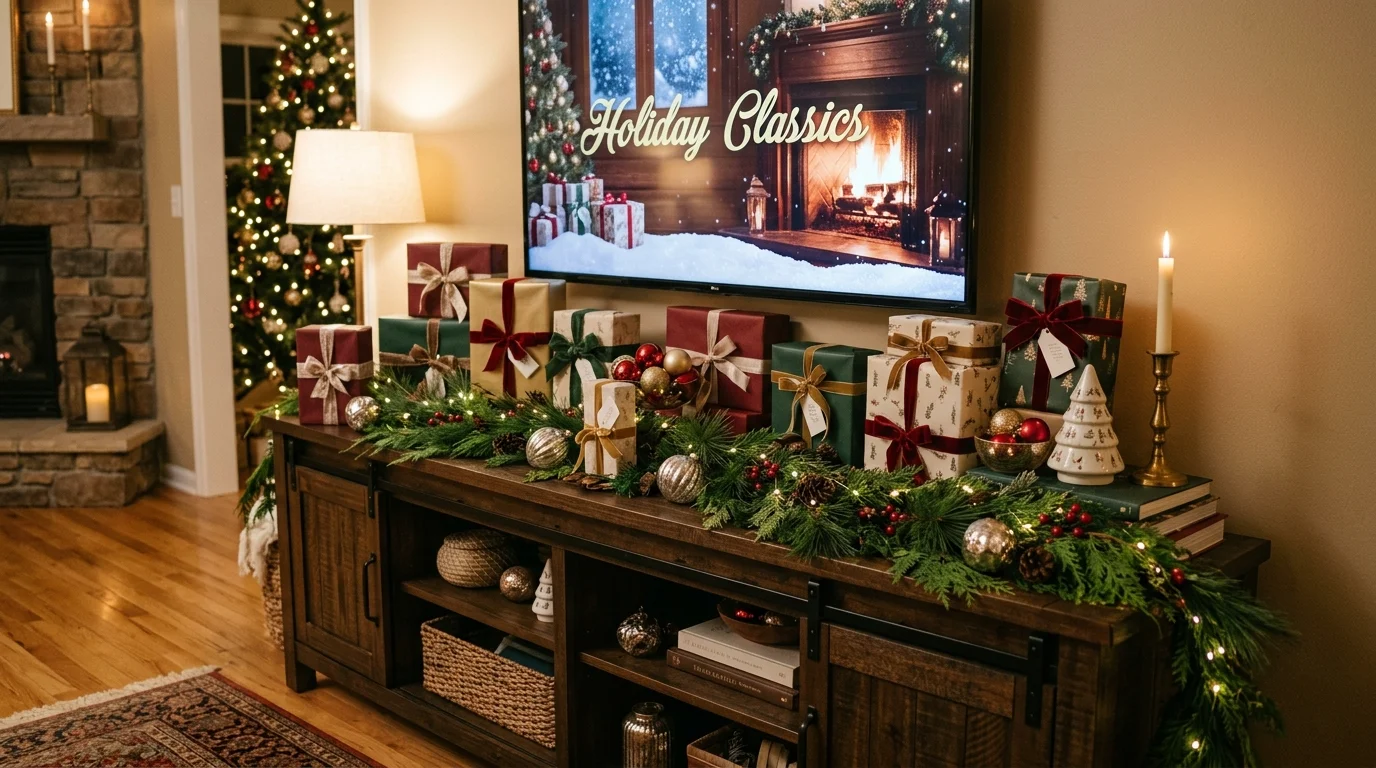 A TV console styled with wrapped gift boxes greenery and soft lighting creating a festive holiday focal point no people