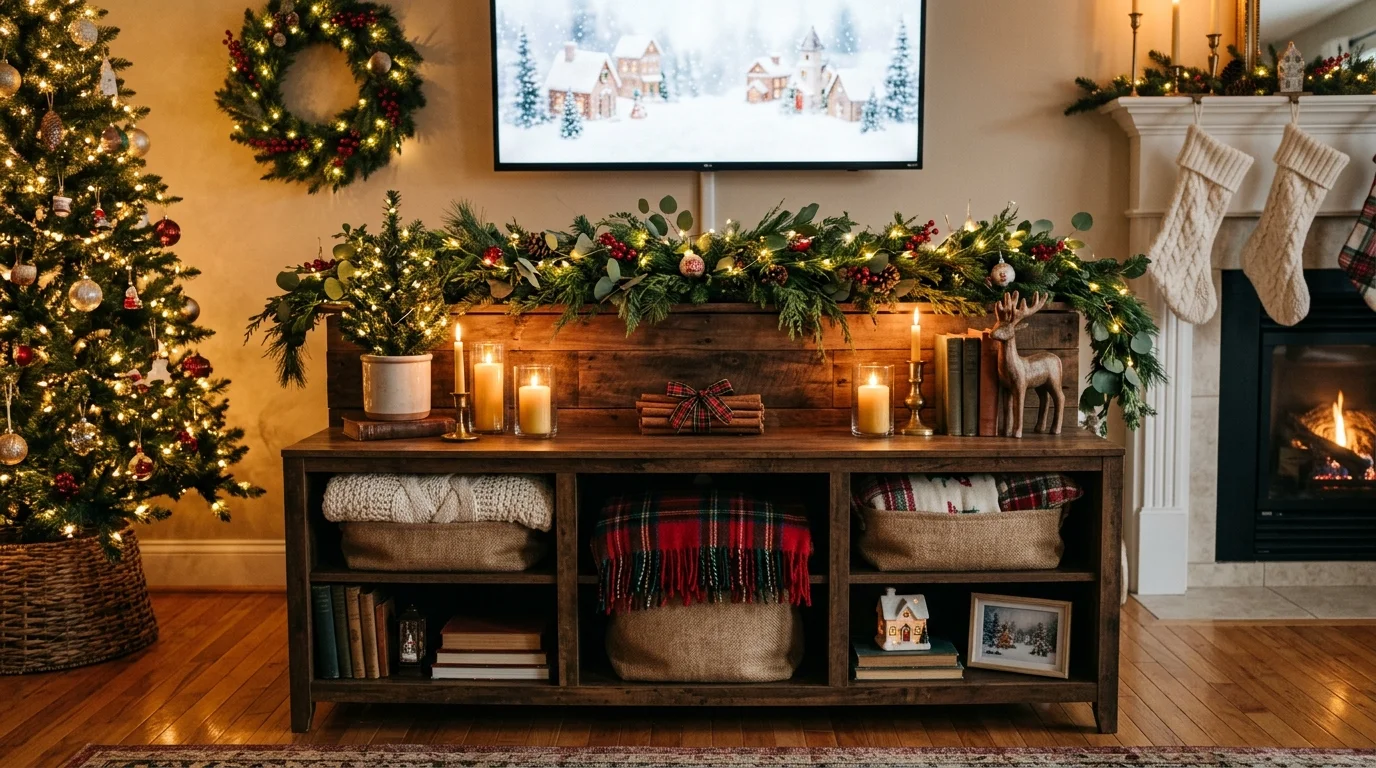A TV stand with a mix of textures including wood fabric and greenery warm lighting layered cozy Christmas decor no people