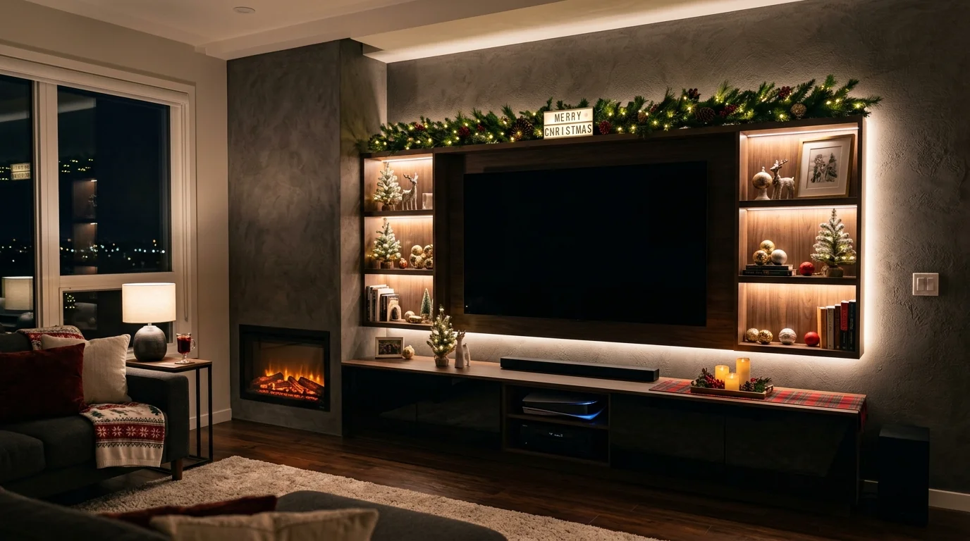 A modern entertainment center with LED lights and subtle Christmas accents soft lighting contemporary festive ambiance no people