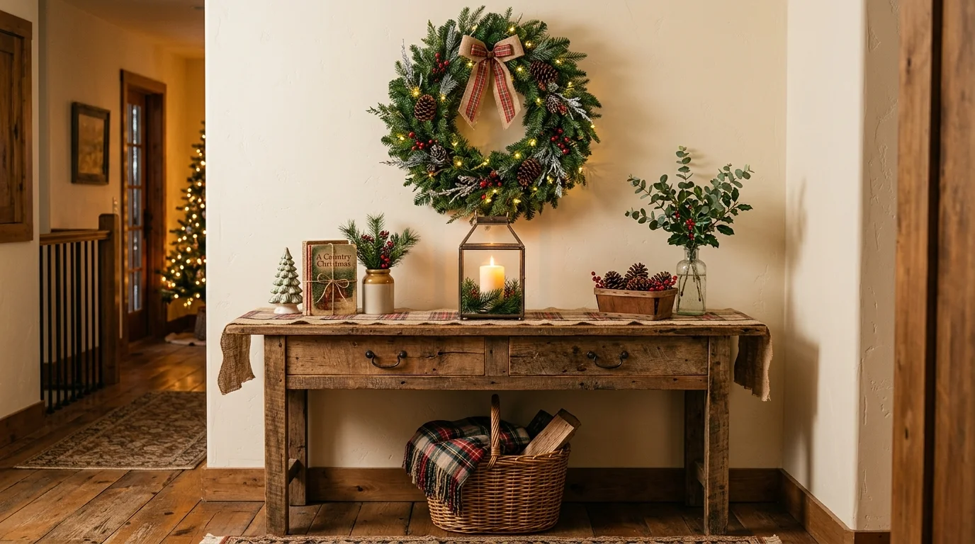 A rustic console with a wreath placed above and simple decor on the stand warm lighting charming country Christmas style no people