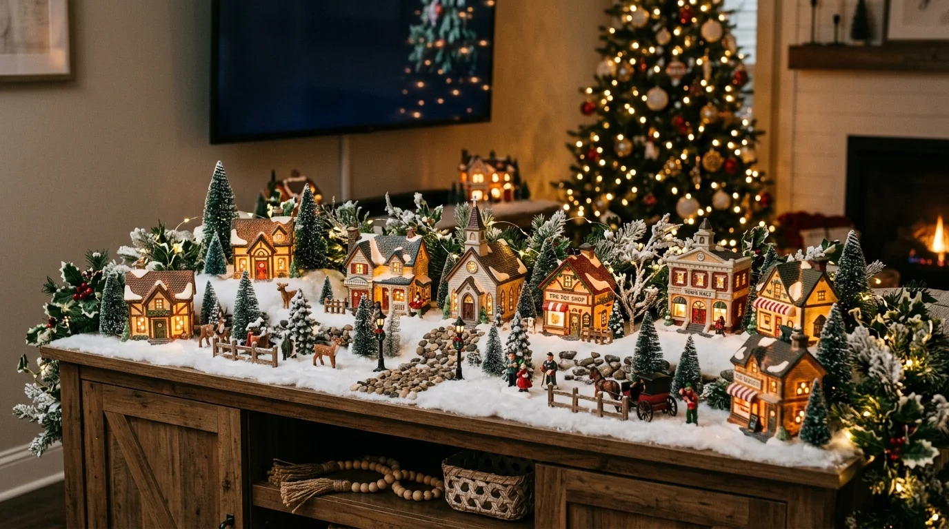 A festive setup with small decorative houses lights and greenery arranged on the TV stand soft ambient lighting cozy holiday village theme no people