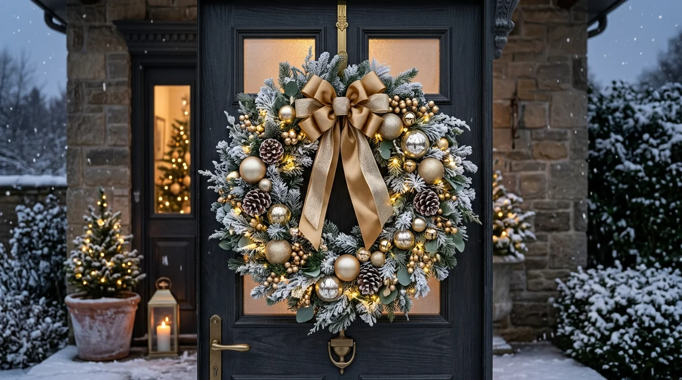 Elegant holiday wreath with white frosted greenery, gold ornaments, and satin ribbon for a sophisticated winter welcome no people