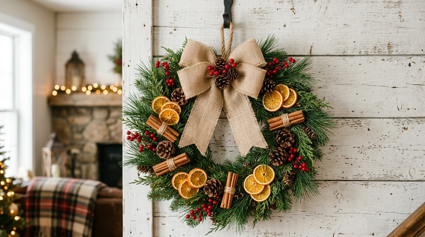 Rustic Christmas wreath with natural pine, burlap bow, cinnamon sticks, and dried orange slices for cozy farmhouse charm no people