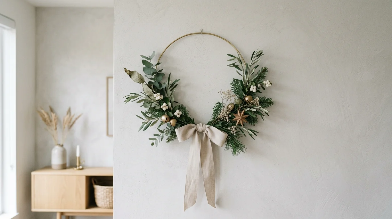Modern minimalist wreath with simple greenery hoop, subtle ornaments, and neutral ribbon for clean contemporary holiday style no people