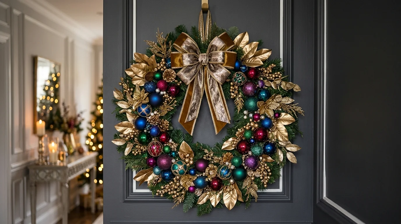 Glam Christmas wreath with metallic gold leaves, glitter accents, and jewel-toned ornaments for luxurious festive appeal no people