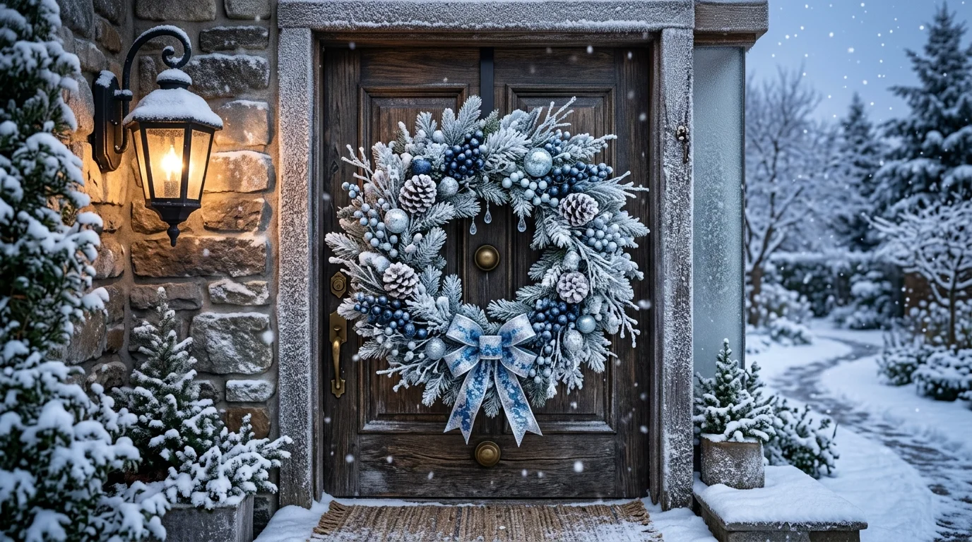 Snowy winter wreath with flocked pine branches, icy blue accents, and frosted pinecones for magical holiday entrance no people