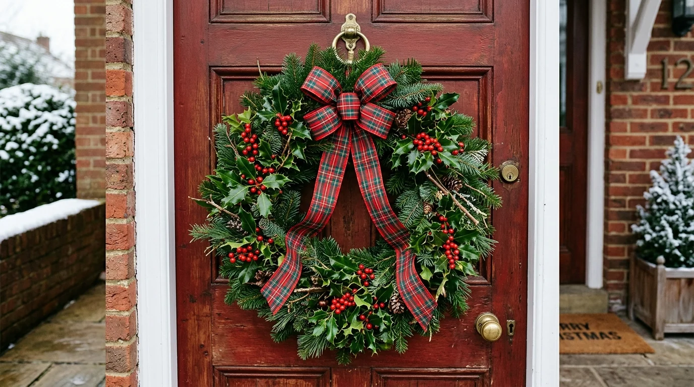Traditional red and green wreath with holly leaves, bright berries, and plaid ribbon for classic Christmas front door decor no people