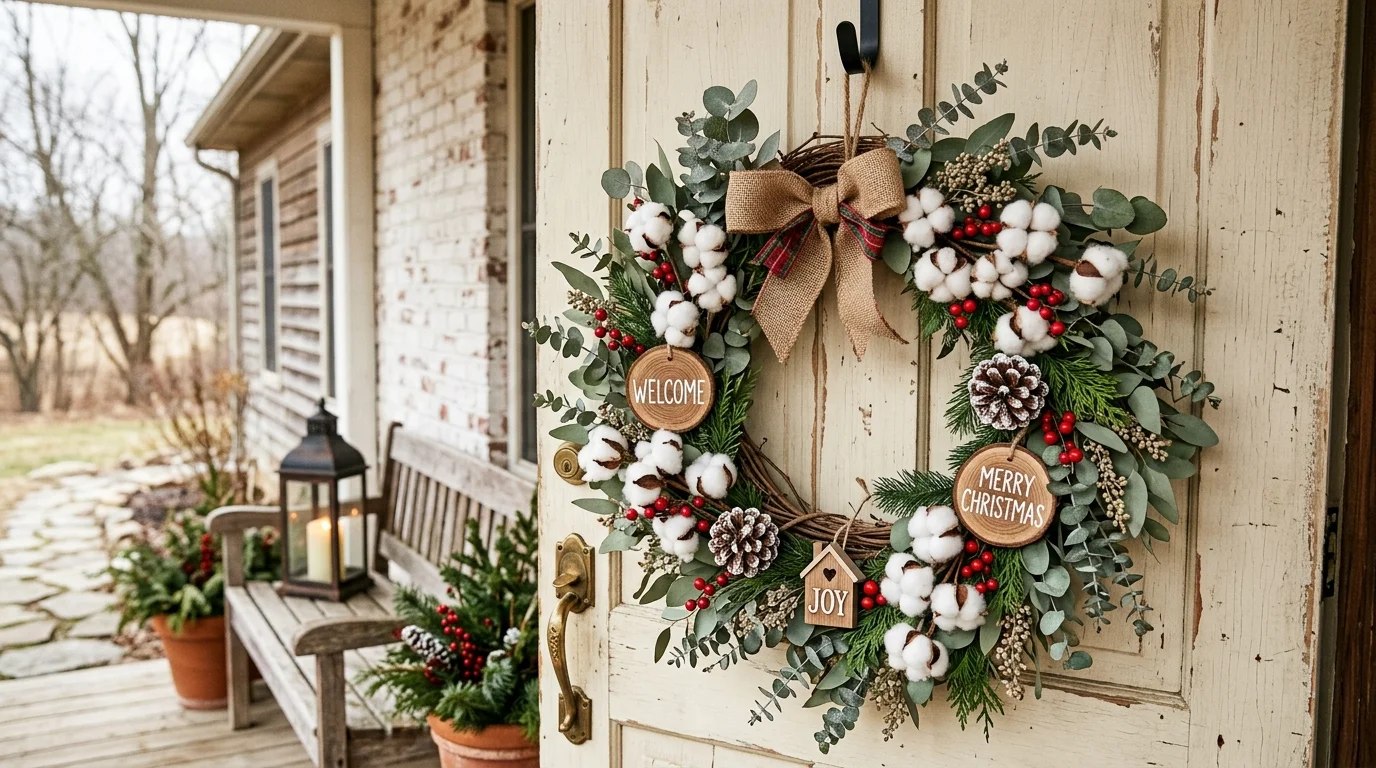 Farmhouse-style wreath with cotton stems, eucalyptus, and rustic wooden accents for warm welcoming holiday feel no people