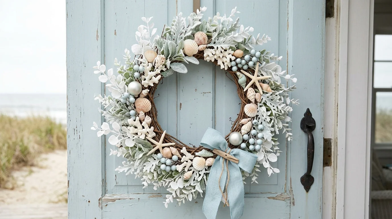 Coastal Christmas wreath with seashell accents, white greenery, and soft blue tones for beach-inspired holiday charm no people