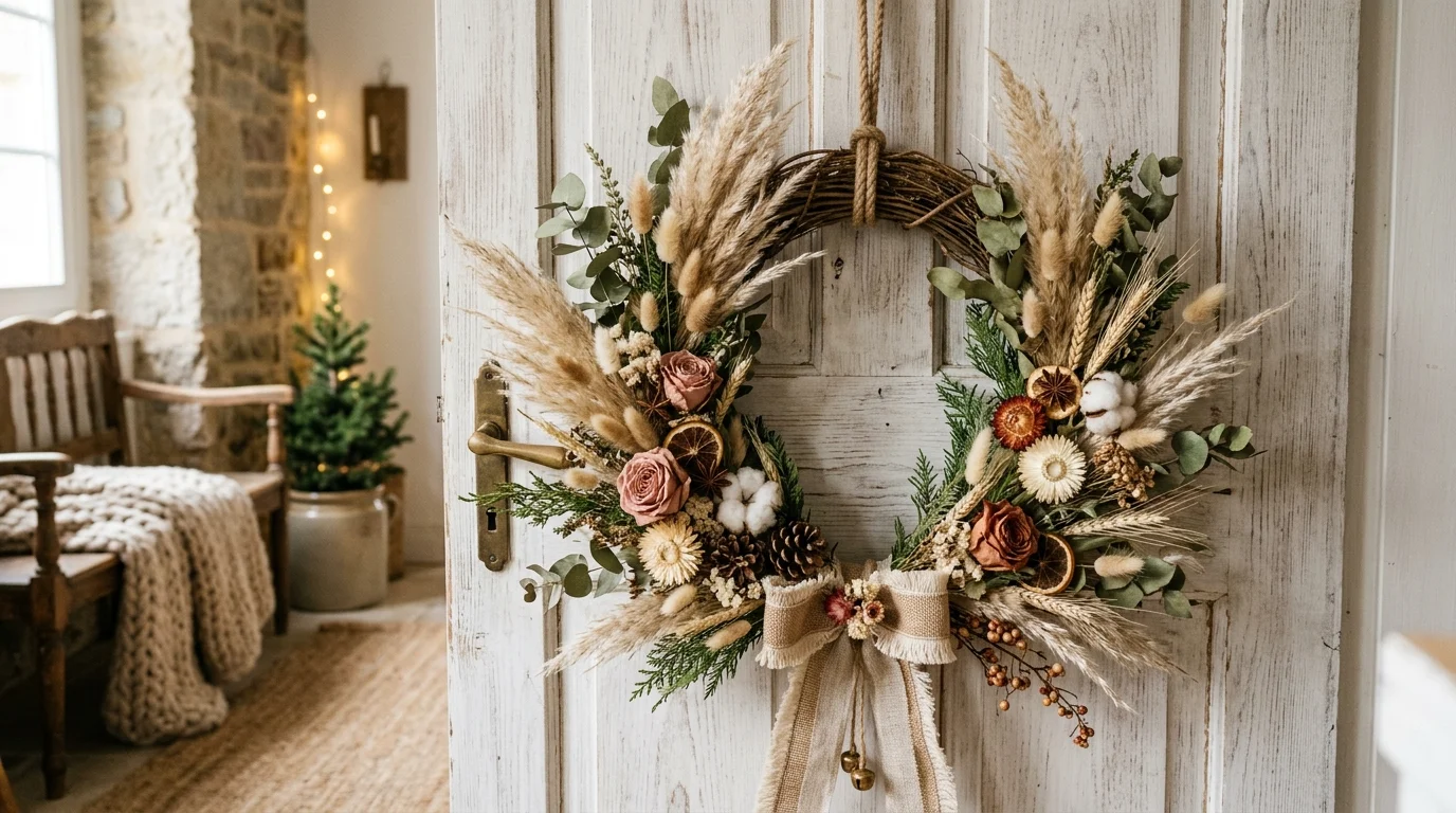 Boho holiday wreath with dried florals, pampas grass, and earthy tones for relaxed artistic Christmas decor no people