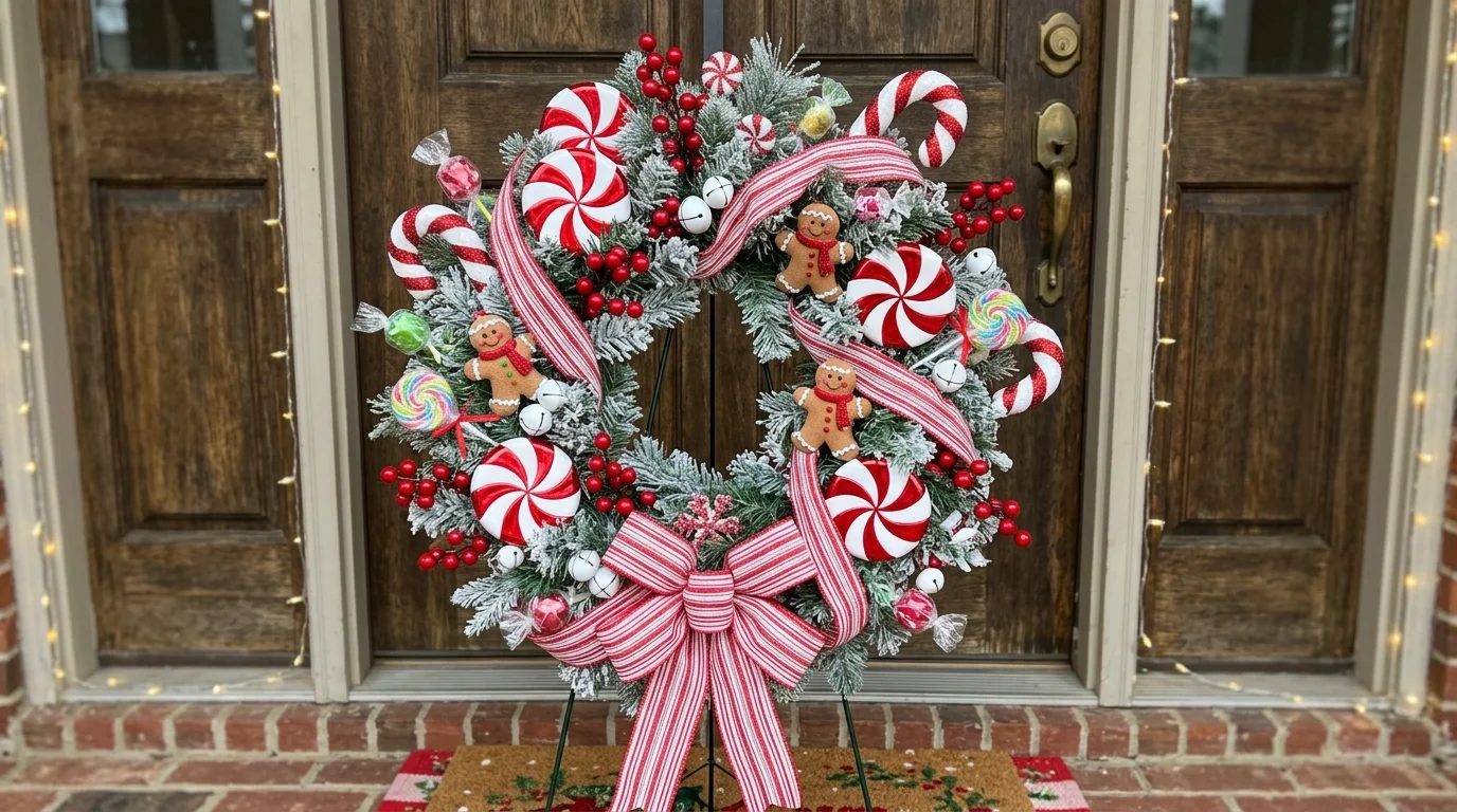 Candy-themed wreath with peppermint swirls, red and white accents, and playful decorations for fun festive front door no people