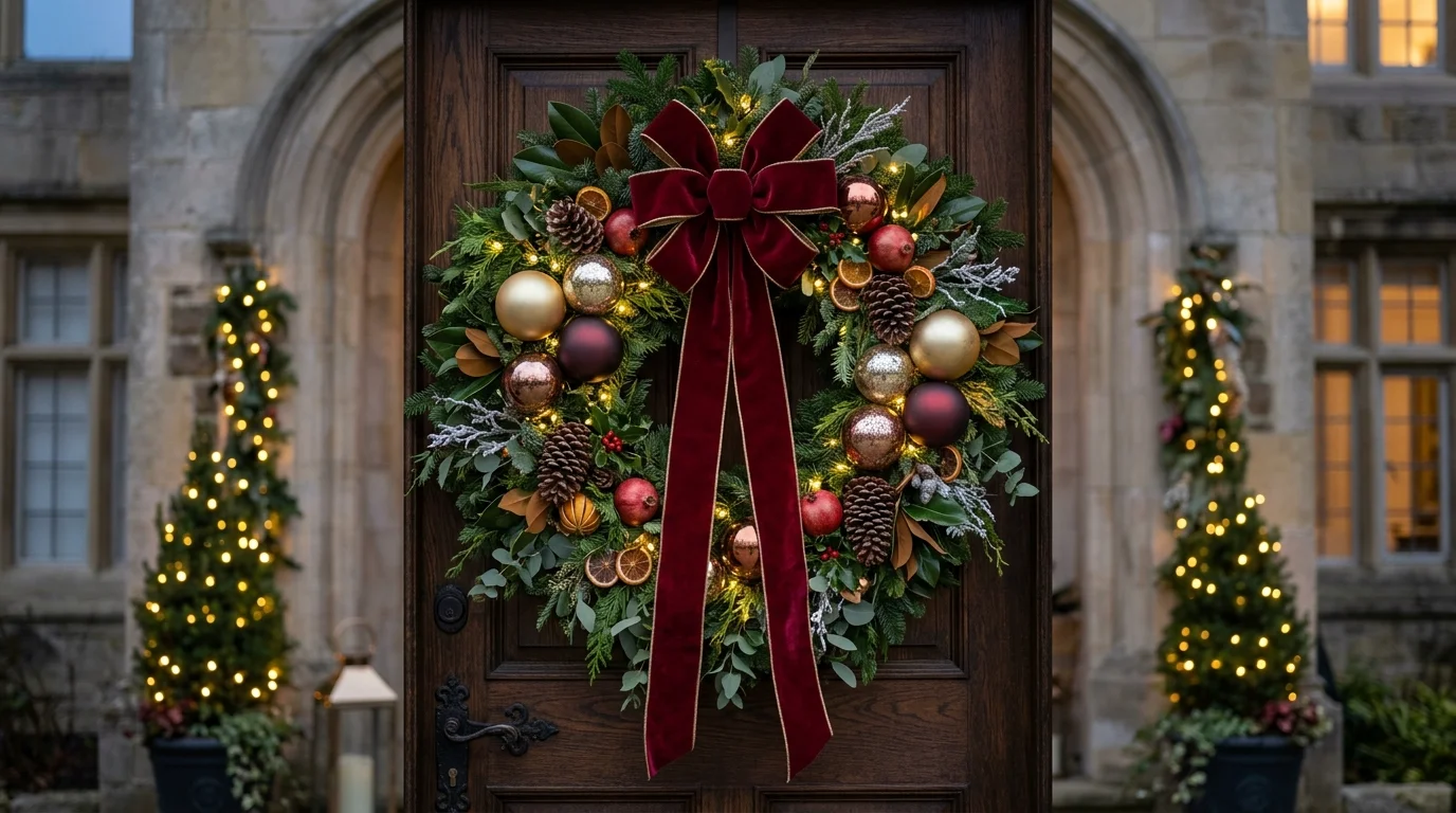 Luxury wreath with layered greenery, oversized ornaments, velvet ribbon, and soft warm lights for grand holiday statement no people