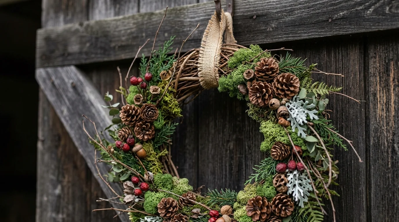 Woodland wreath with pinecones, twigs, moss, and natural textures for earthy forest-inspired Christmas look no people