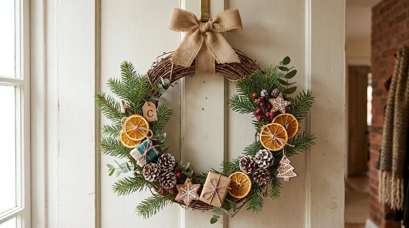 DIY Christmas wreath with handmade ornaments, simple greenery base, and personal touches for creative budget-friendly holiday decor no people