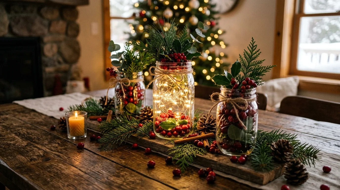 A handmade Christmas centerpiece with mason jars filled with fairy lights, cranberries, and greenery arranged on a wooden table, warm glowing ambiance, soft shadows, close-up angled shot, no people