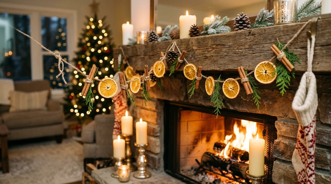 A DIY garland made from dried orange slices, cinnamon sticks, and twine draped across a fireplace mantel, warm rustic tones, glowing candlelight, cozy holiday atmosphere, eye-level composition, no people