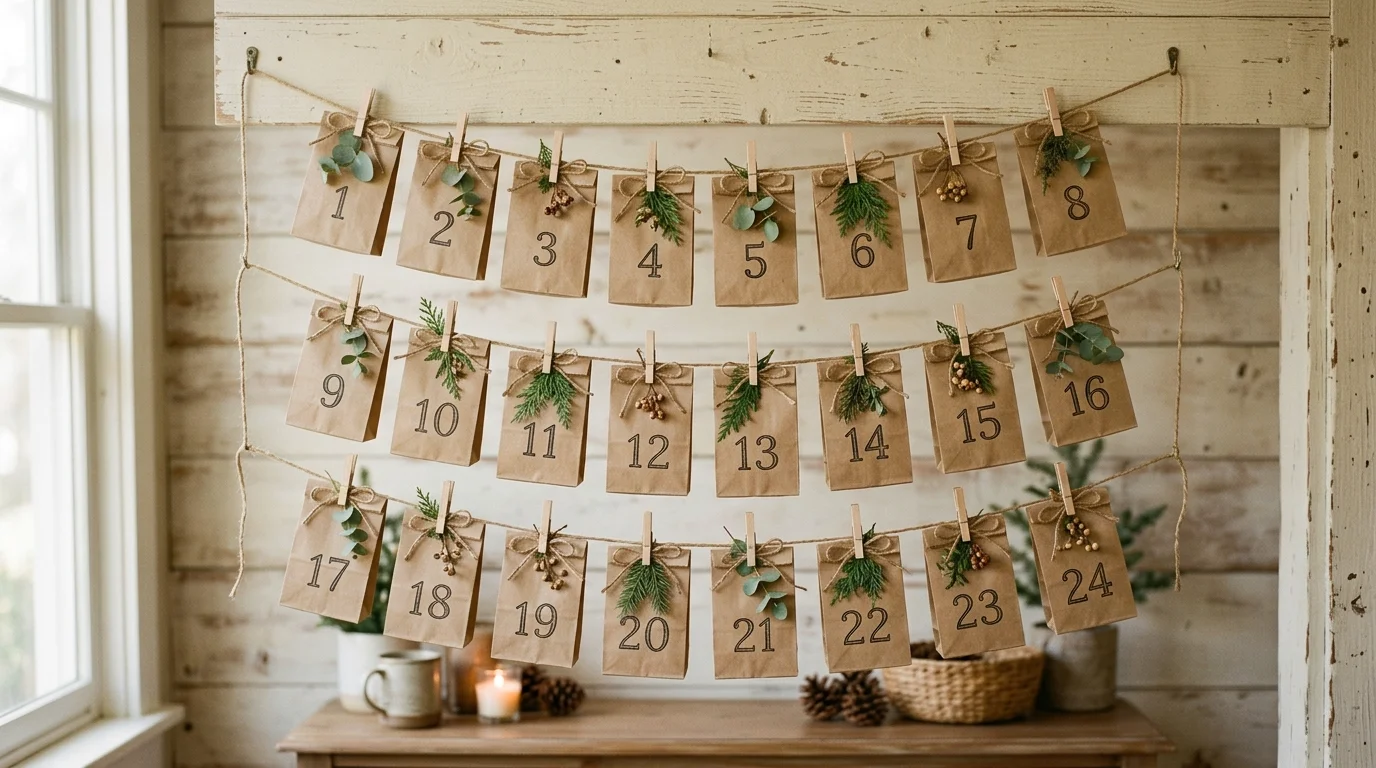 A handmade advent calendar created with small kraft paper bags clipped to a string with mini clothespins, decorated with numbers and greenery, neutral tones, soft natural lighting, front-facing shot, no people