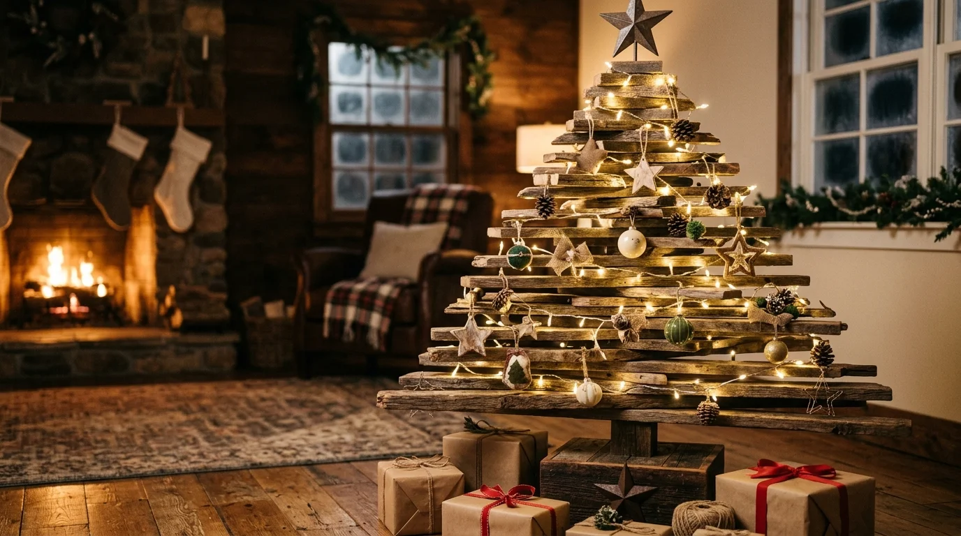 A DIY Christmas tree made from stacked wooden planks arranged in a triangular shape, decorated with string lights and ornaments, rustic textures, warm ambient lighting, slightly angled perspective, no people