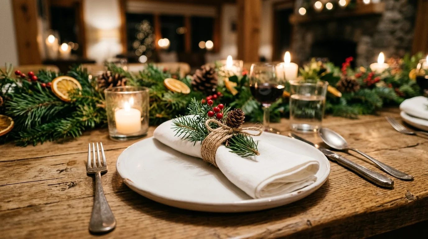 A festive table setting with handmade napkin rings crafted from twine and pine sprigs, white plates, wooden table, soft candlelight, elegant and cozy styling, close-up shot, no people