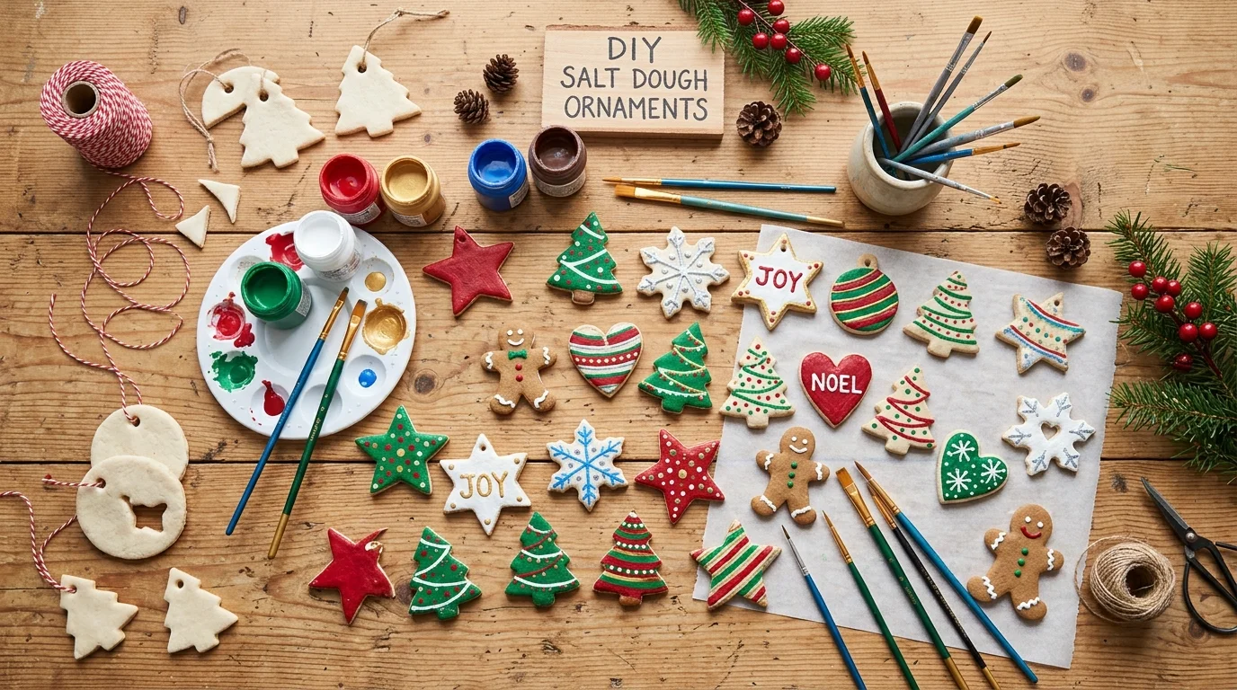 A DIY ornament station with handcrafted ornaments made of salt dough, painted in festive colors, displayed on a wooden surface with brushes and paints, bright soft lighting, top-down flat lay, no people