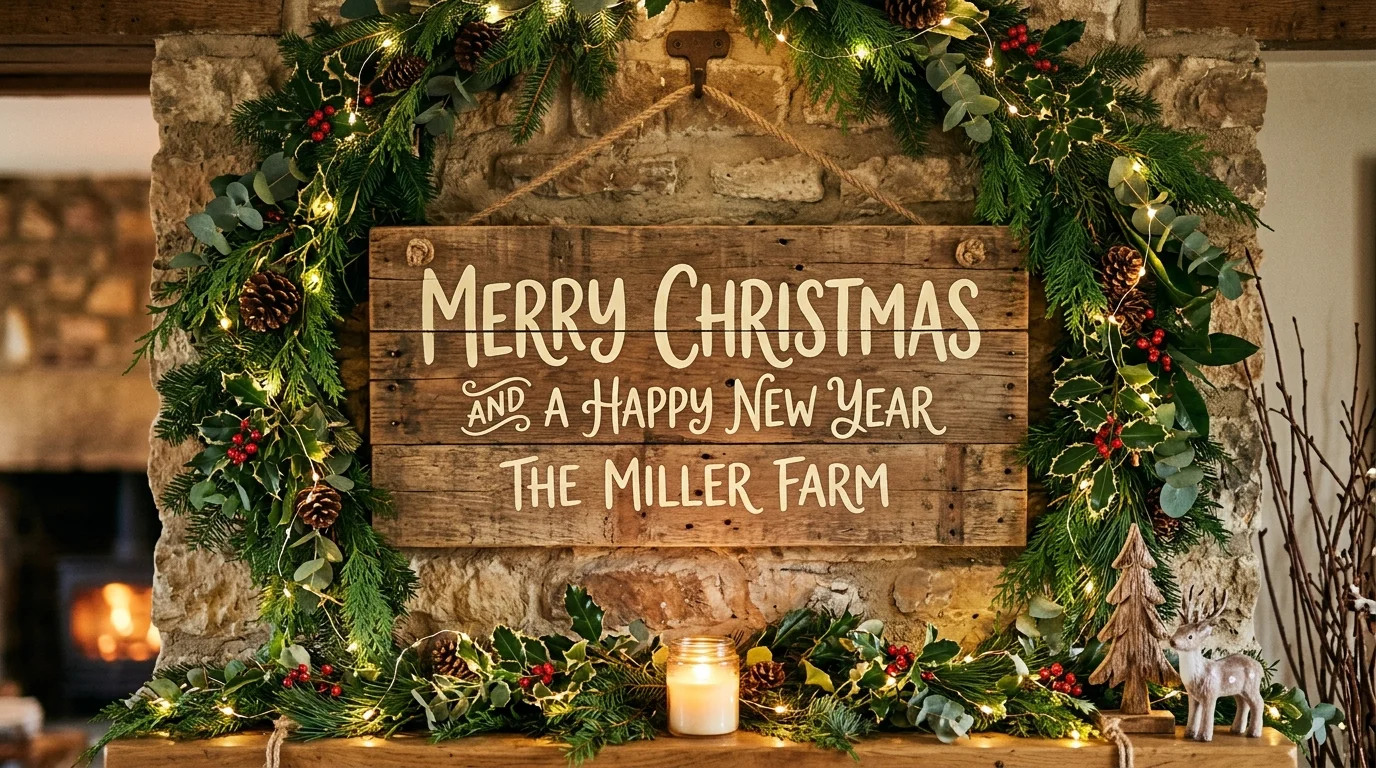 A handmade Christmas sign with painted lettering on reclaimed wood, surrounded by greenery and fairy lights, rustic farmhouse style, warm glowing light, straight-on composition, no people