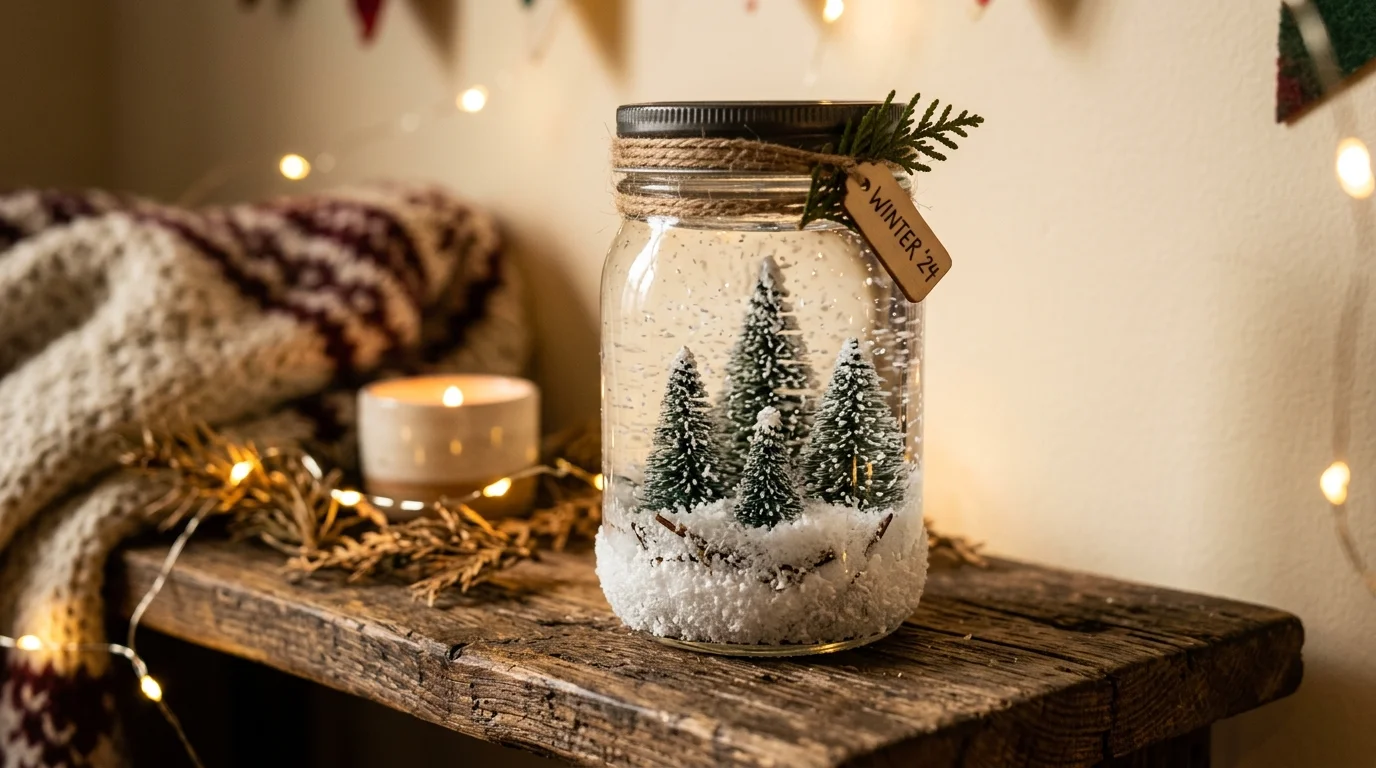 A DIY snow globe made from a glass jar filled with miniature trees and artificial snow, placed on a wooden shelf, soft warm lighting, cozy winter vibe, close-up angle, no people