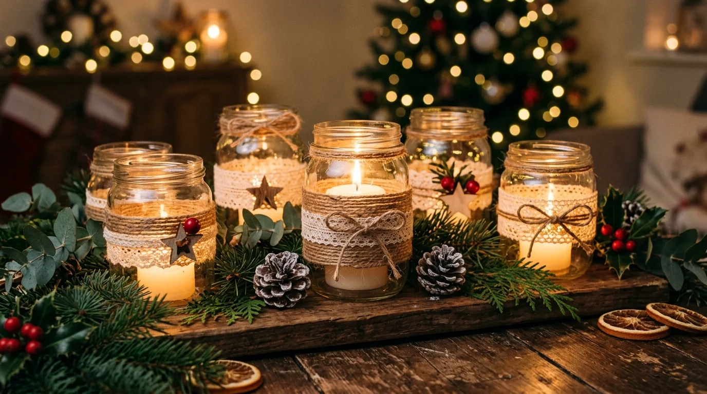 A handmade candle display with decorated jars wrapped in twine and lace, filled with lit candles, pinecones and greenery around, warm flickering light, intimate festive mood, angled close-up shot, no people