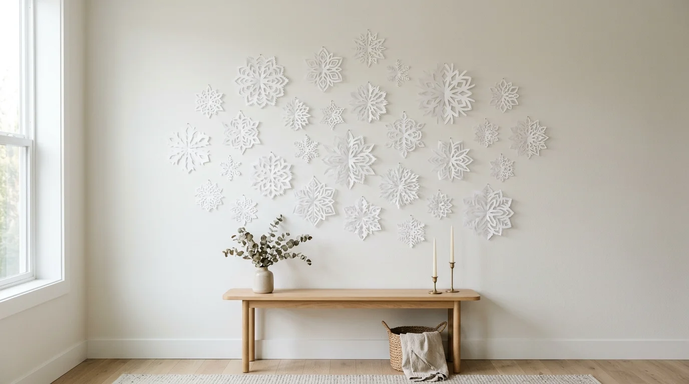 A DIY wall decor arrangement with paper snowflakes in various sizes attached to a neutral wall, soft shadows, bright diffused lighting, clean minimal holiday aesthetic, straight-on shot, no people