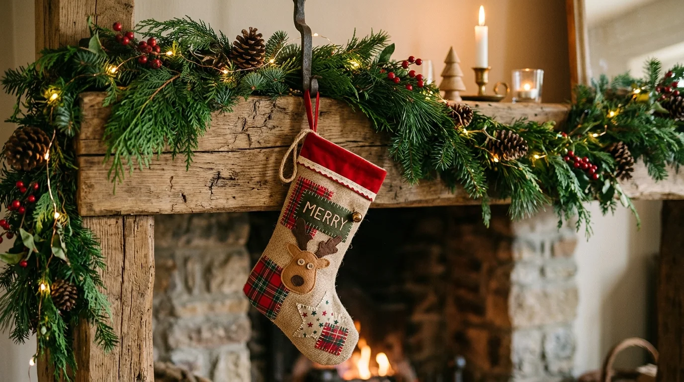 A handcrafted Christmas stocking made from burlap and fabric patches, hanging on a wooden mantel with greenery, warm tones, soft lighting, cozy composition, eye-level angle, no people