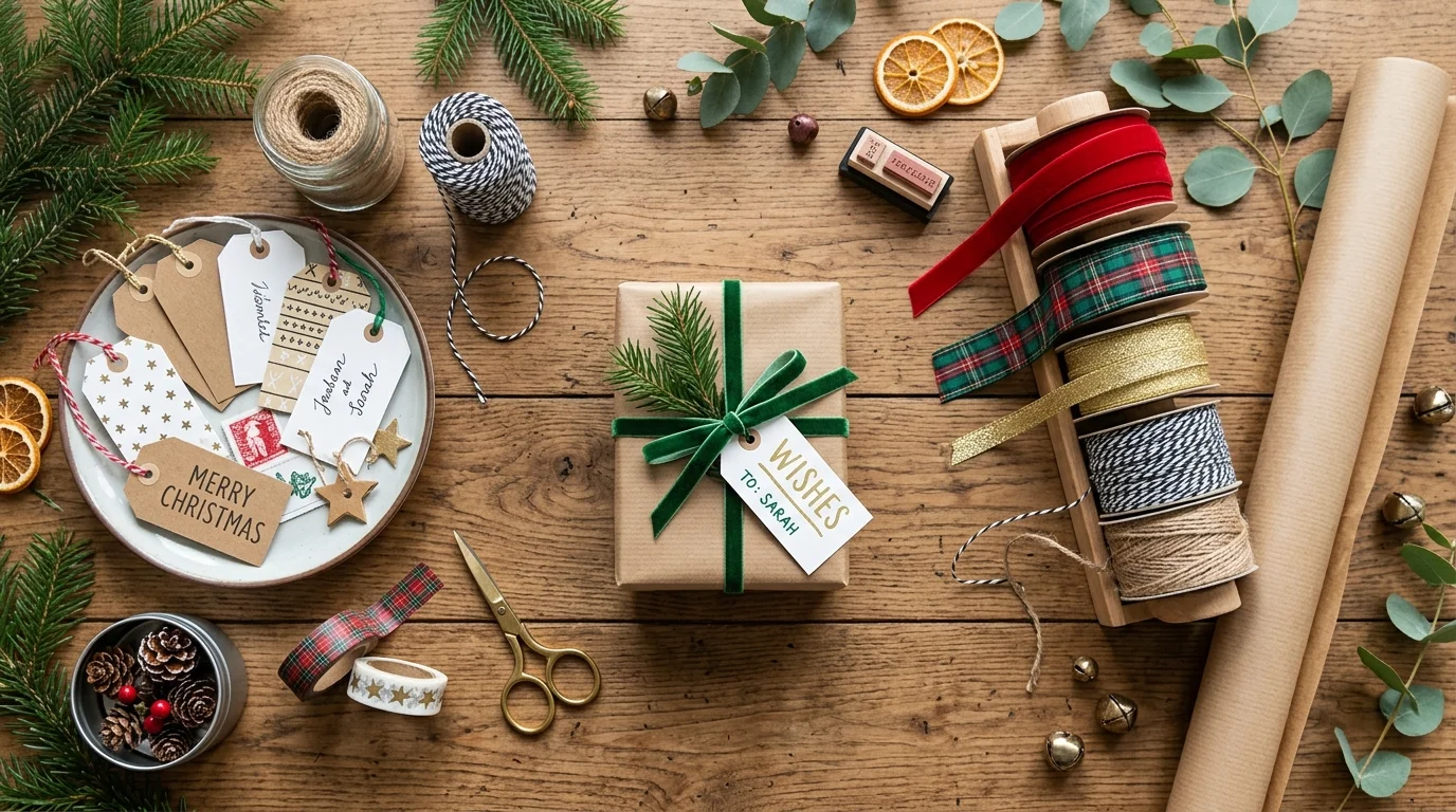 A DIY gift wrapping station with handmade tags, ribbons, and kraft paper, arranged neatly on a wooden table, festive colors, bright natural light, top-down flat lay shot, no people