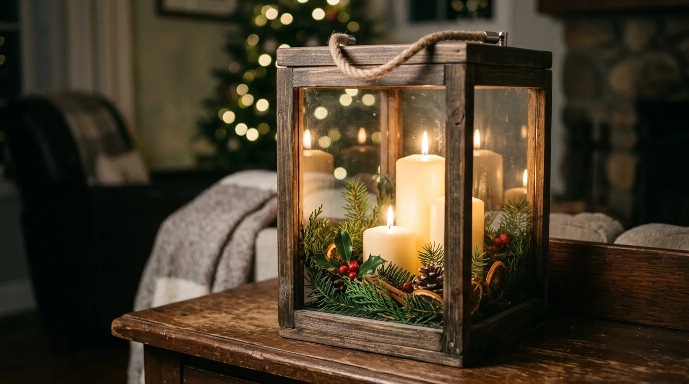 A homemade holiday lantern made from glass panels and wood frame, filled with candles and greenery, glowing warmly in a dim setting, rustic charm, close-up perspective, no people