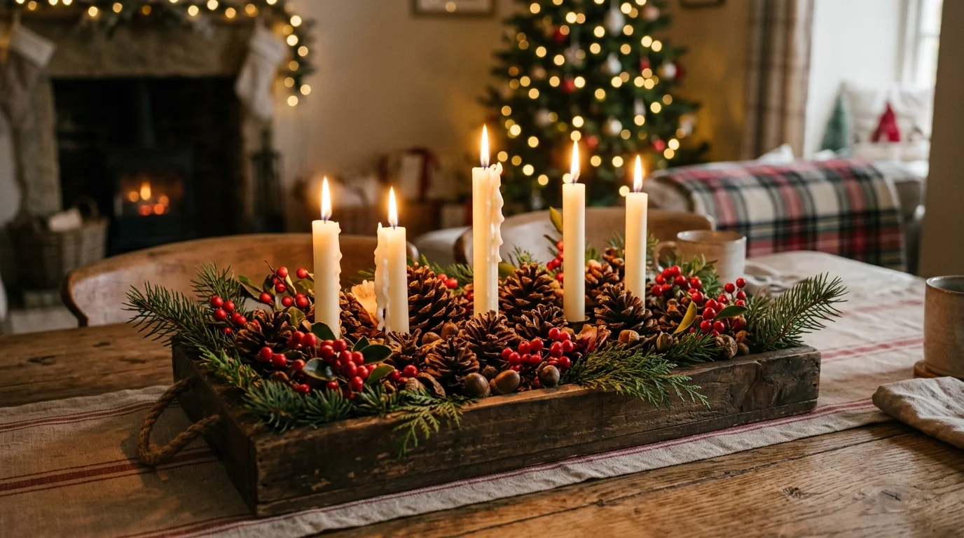 A DIY centerpiece with pinecones, candles, and red berries arranged in a wooden tray, warm earthy tones, soft candlelight glow, cozy holiday ambiance, slightly elevated angle, no people