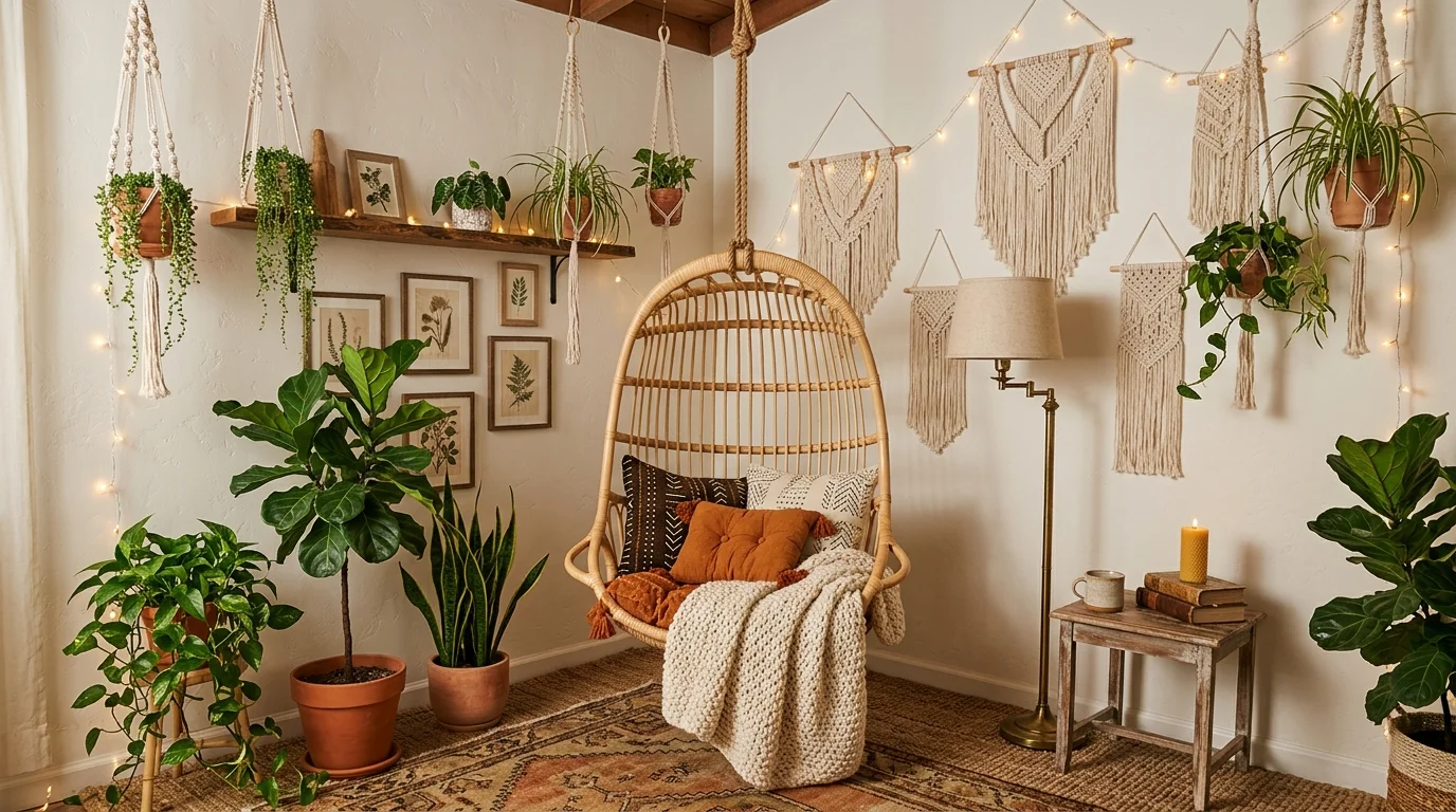 A cozy room with a rattan hanging chair surrounded by plants macrame wall hangings and soft fabrics warm ambient lighting relaxed boho vibe no people