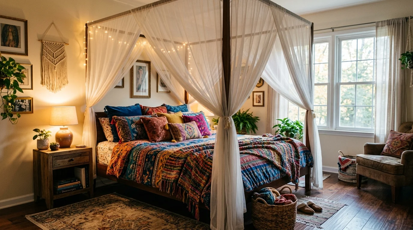 A bedroom with a canopy bed draped in sheer fabric and layered with vibrant textiles soft lighting dreamy artistic atmosphere no people