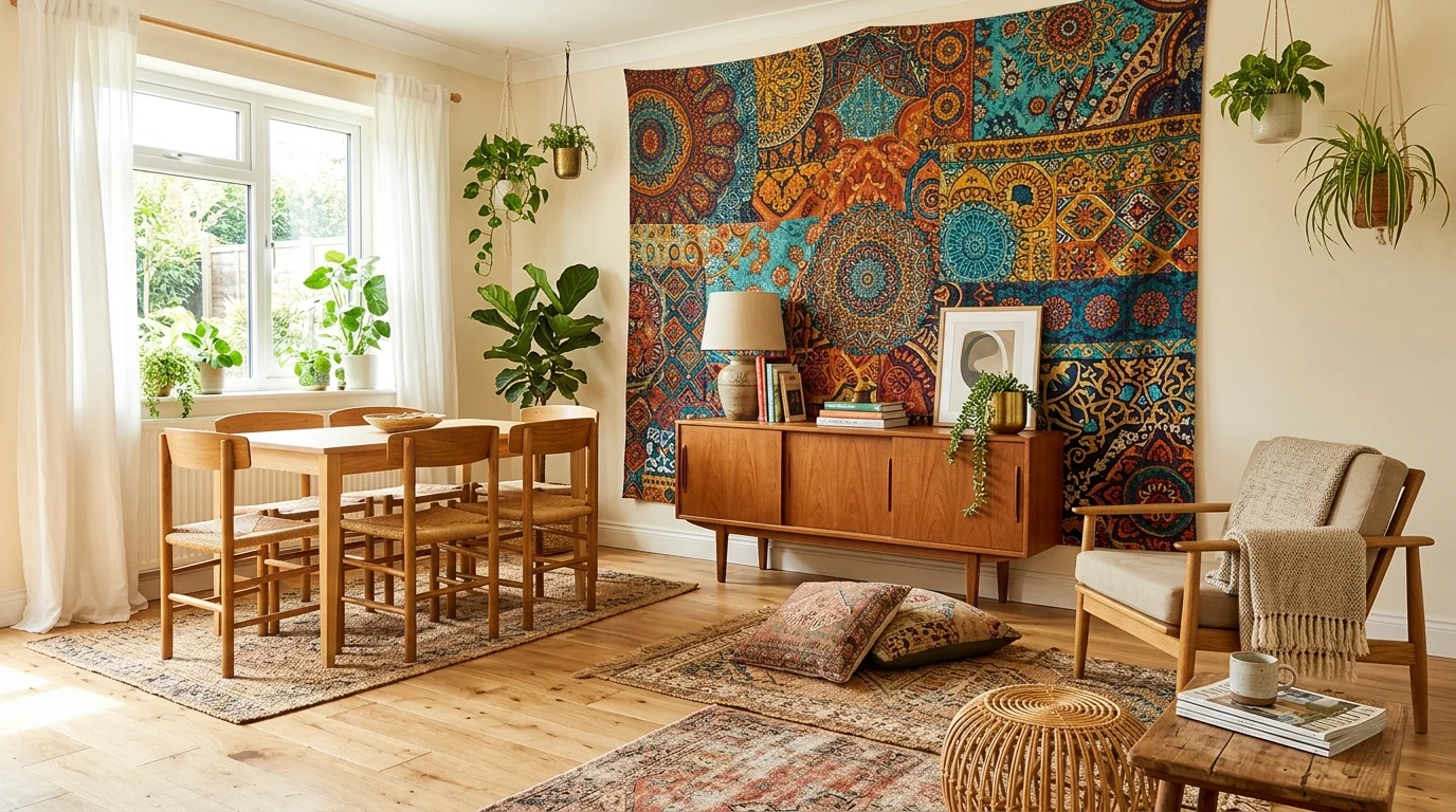 A space with a bold tapestry wall backdrop paired with simple wooden furniture bright lighting expressive bohemian design no people