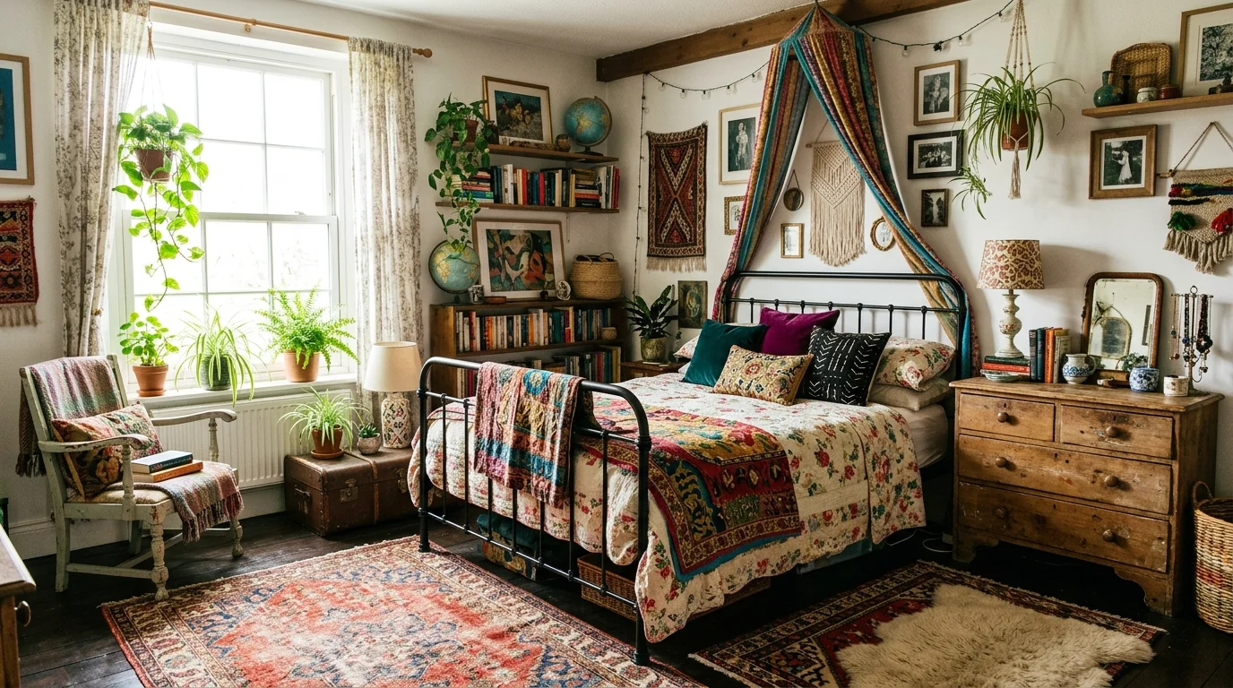 A bedroom with mismatched furniture pieces layered rugs and eclectic decor bright natural light creative free spirited style no people